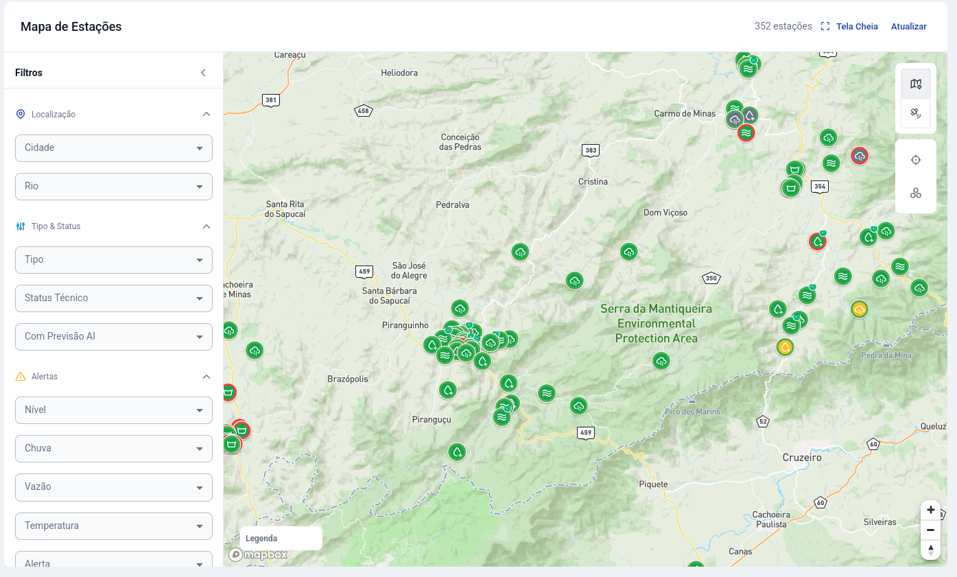 Mapa interativo com estações de monitoramento geolocalizadas